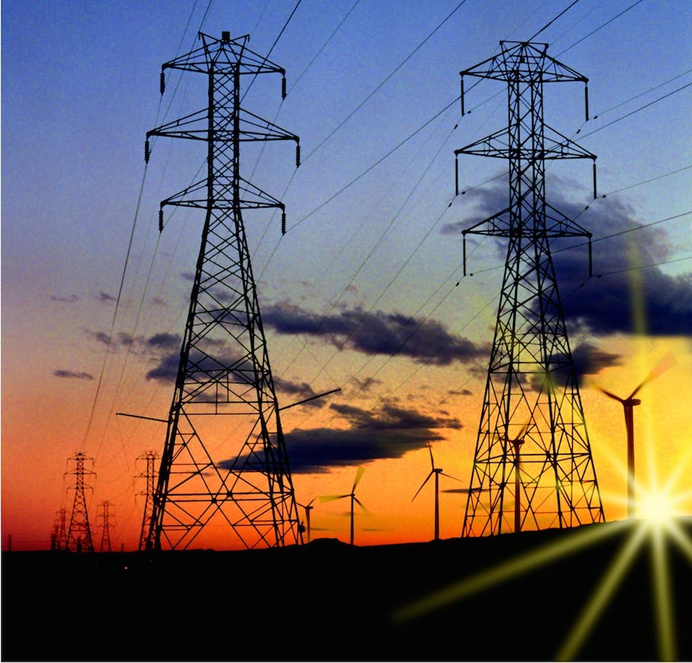 Photoshop art created from two NREL-Image Gallery  photos of sunset view of electrical power towers combined with wind machines.  (Photo Illustration by Raymond David / NREL)